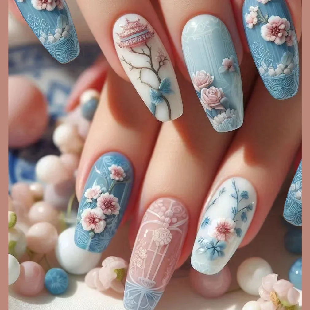 24pcs/set short medium long fake nails Spring flowers flora for St. Patrick's Day faux ongles press on acrylic false nail art