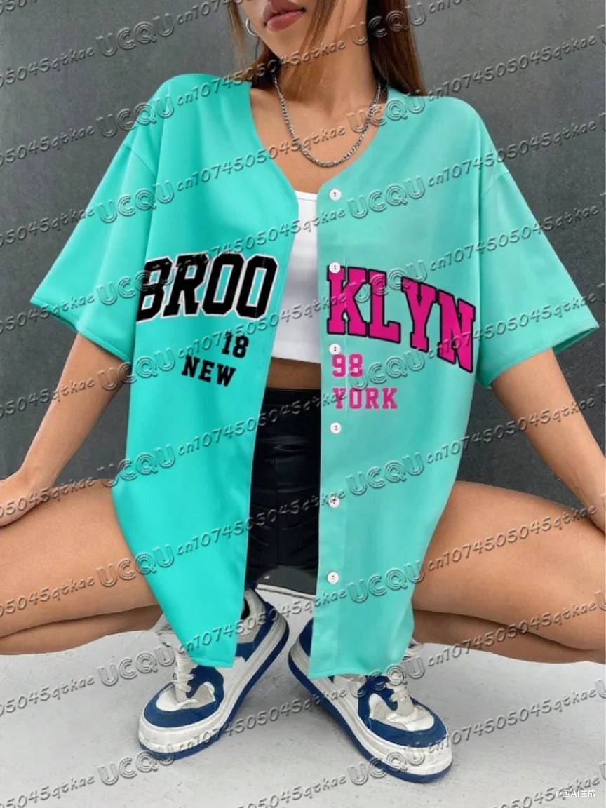 Summer Women's Baseball Jersey Brooklyn Button T-shirt Jersey Men's Short Sleeve Casual Button Streetwear Sport Top