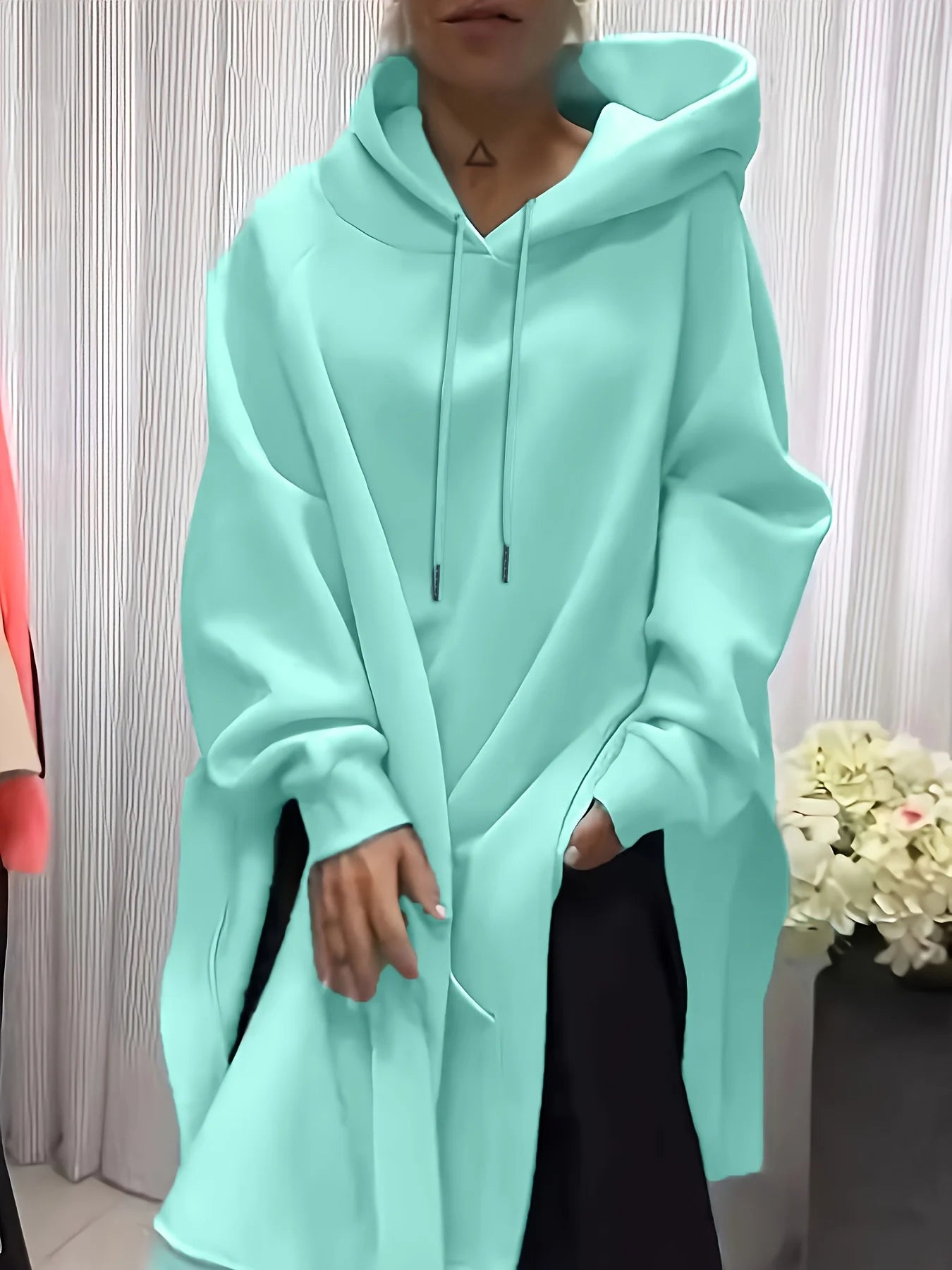 Plus size long sleeve solid color side slit mid-length women's casual pullover hoodie
