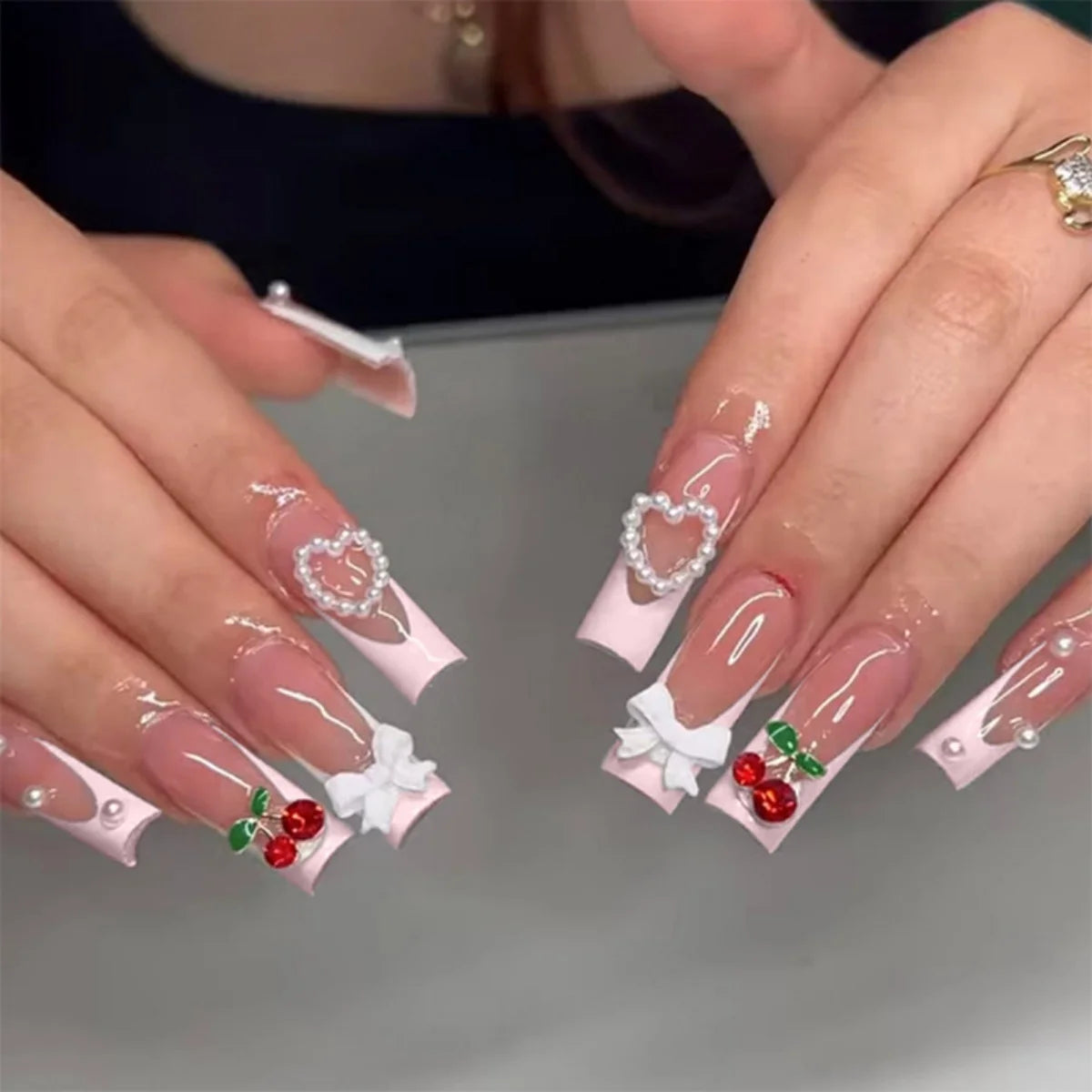 24Pcs Extra Long Square Fake Nail with Glue 3D Little Bear Bow Design False Nails White French Press on Nails Wearable Manicure