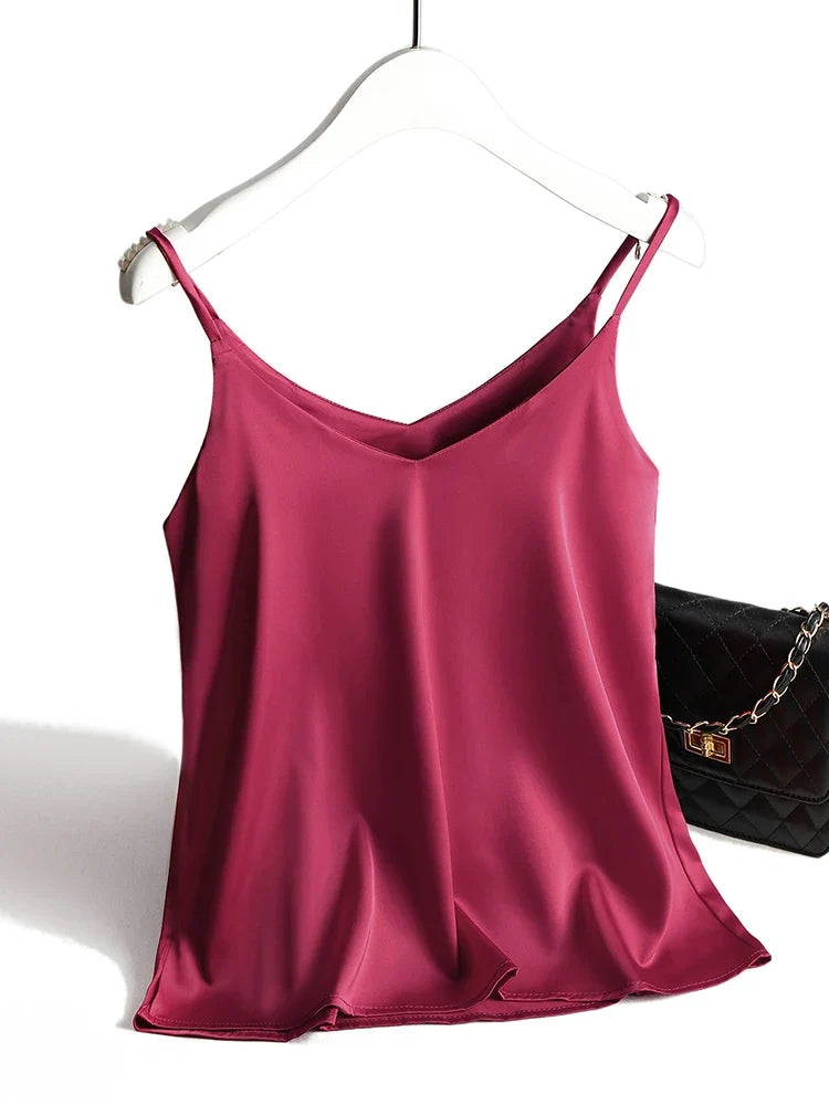 AOSSVIAO 2026 Spaghetti Strap Top Women Halter V Neck Basic White Cami Sleeveless Satin Silk Tank Tops Women'S Summer Camisole
