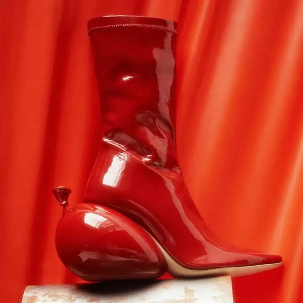 Glossy Red Patent Leather Pointed-Toe Ankle Boots Unique Balloon Heels Design High-Fashion Style for Runway & Artistic Ensembles