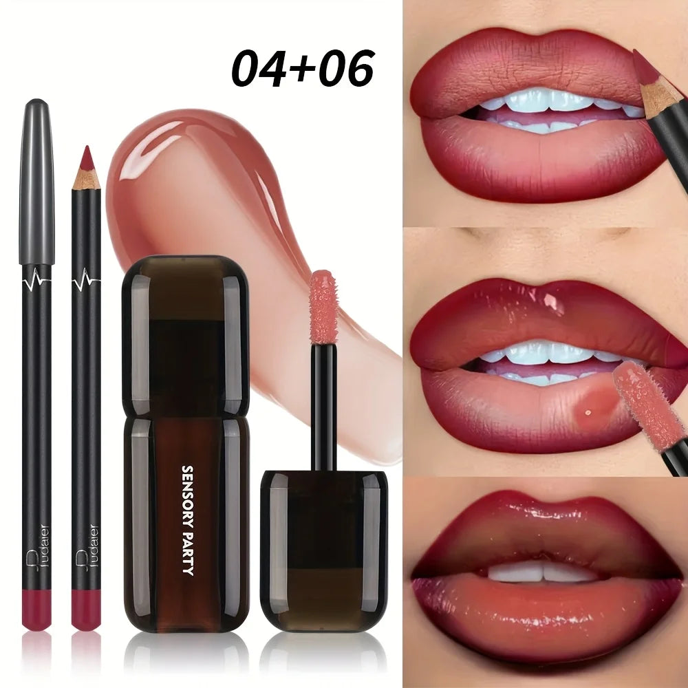 Pudaier Lip Gloss & Lip Liner Set, Hydrating Long Lasting Waterproof Non-Smudge Lip Makeup, Smooth Lip Kit for Women