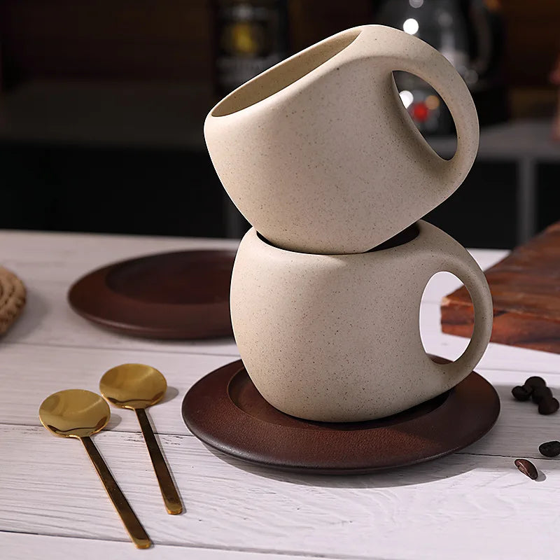 1-2 Sets Ceramic Coffee Cup and Plate Set Vintage Latte American Coffee Cup Wooden Coaster