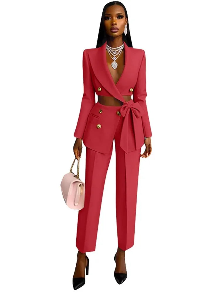 Sexy Waist Exposed Ultra Short Blazer Top Women's Pants 2 Piece Set Spring Fashion Cross Strap Tops Slim Suit Office Pants Suit