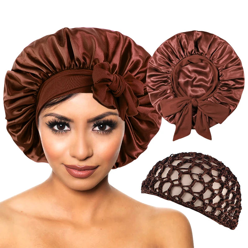 Satin Bonnet Silky Night Sleeping Cap with Stretchy Tie Band - 2pcs