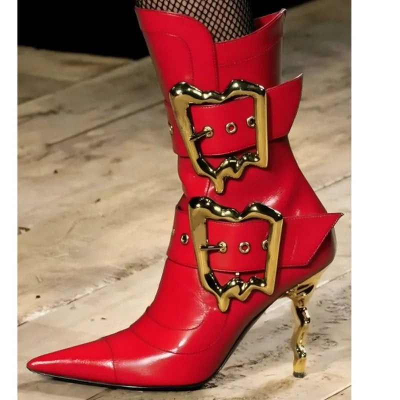 Gold Beltbuckle Decorative Sidezipper Kneehigh Boots Women's Metal High-heeled Versatile Banquet Boots