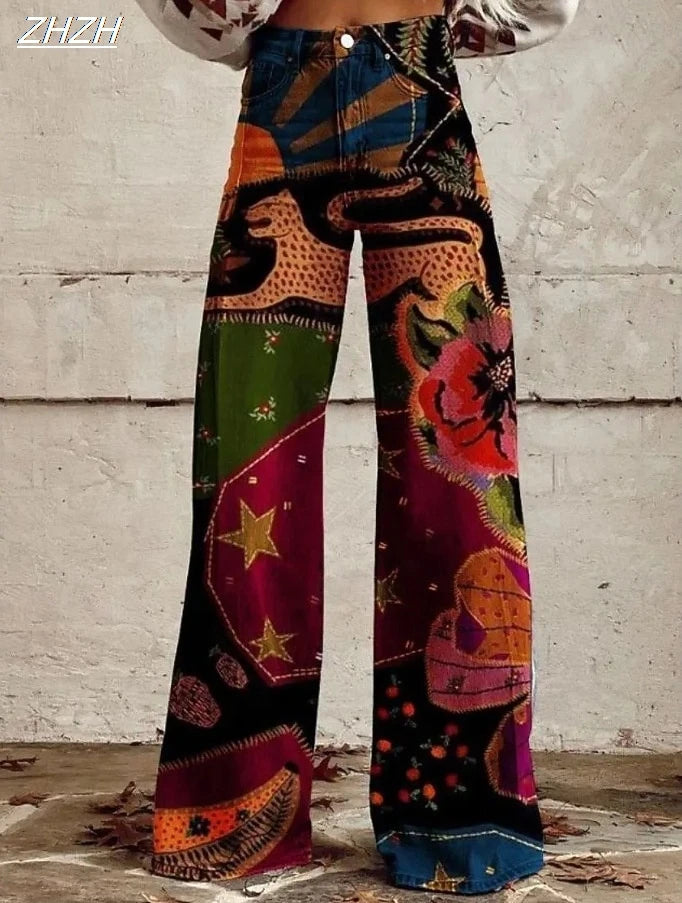 Retro Vintage Boho 1970s Pants Wide Legged Pants Hippie Disco High Waist Floral Faux Jeans Style Women's Festival Retro Pants