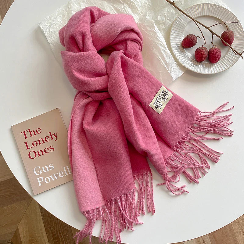 2023 Korean Style Cashmere Winter Scarf for Women – Knitted Double-Sided Solid Color Wrap | Soft Warm Fashion Neckerchief Shawl