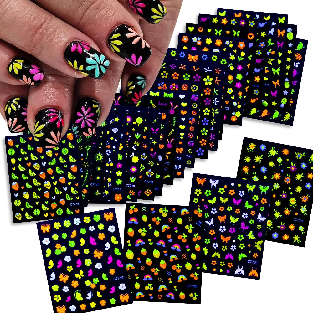 24Pcs 3D Fluorescent Flower/Butterfly Nail Stickers Glow in the Dark Adhesive Decals Neon Floral Sticker for Party Nails Decor *