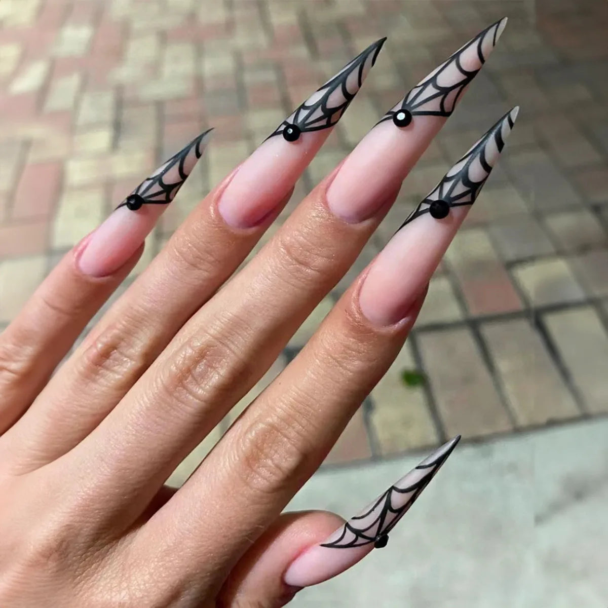 Black Halloween Nails Press on Stiletto Fake Nails Spider Web Designs Long Coffin Ballerina Wearable False Nail for Women 24Pcs