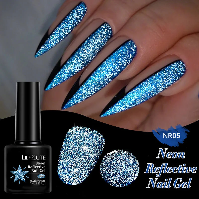 LILYCUTE 7ml Neon Reflective Nail Gel Polish Dark Flash Glitter Effect Fluorescent Gel Soak Off UV Gel Summer Nail Art Varnish