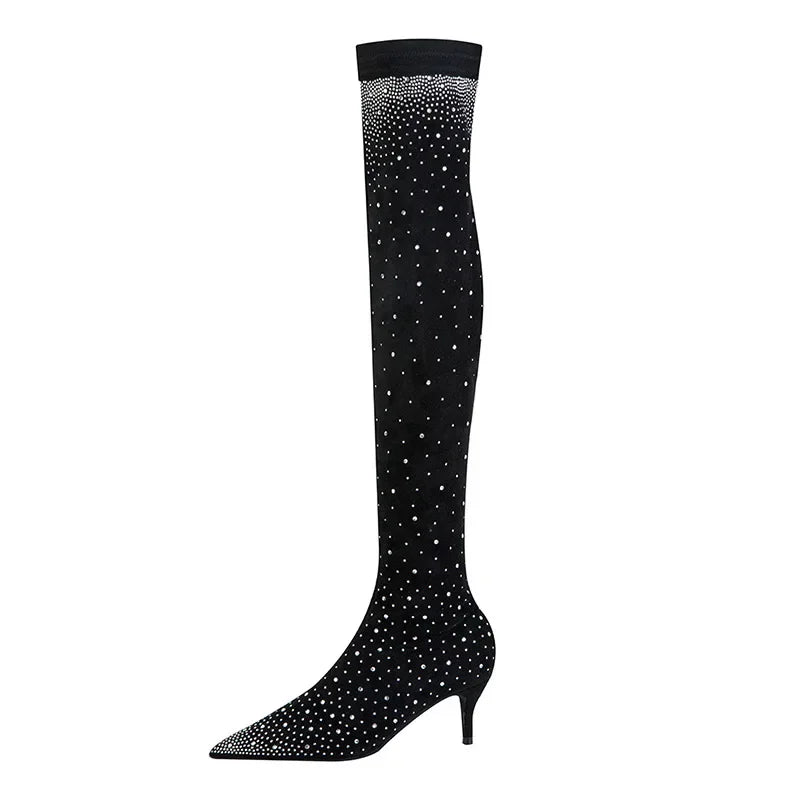 Design Crystal Rhinestone Stretch Fabric Sexy High Heels Sock Over-the-Knee Boots Pointed Toe Pole Dancing Women Shoes