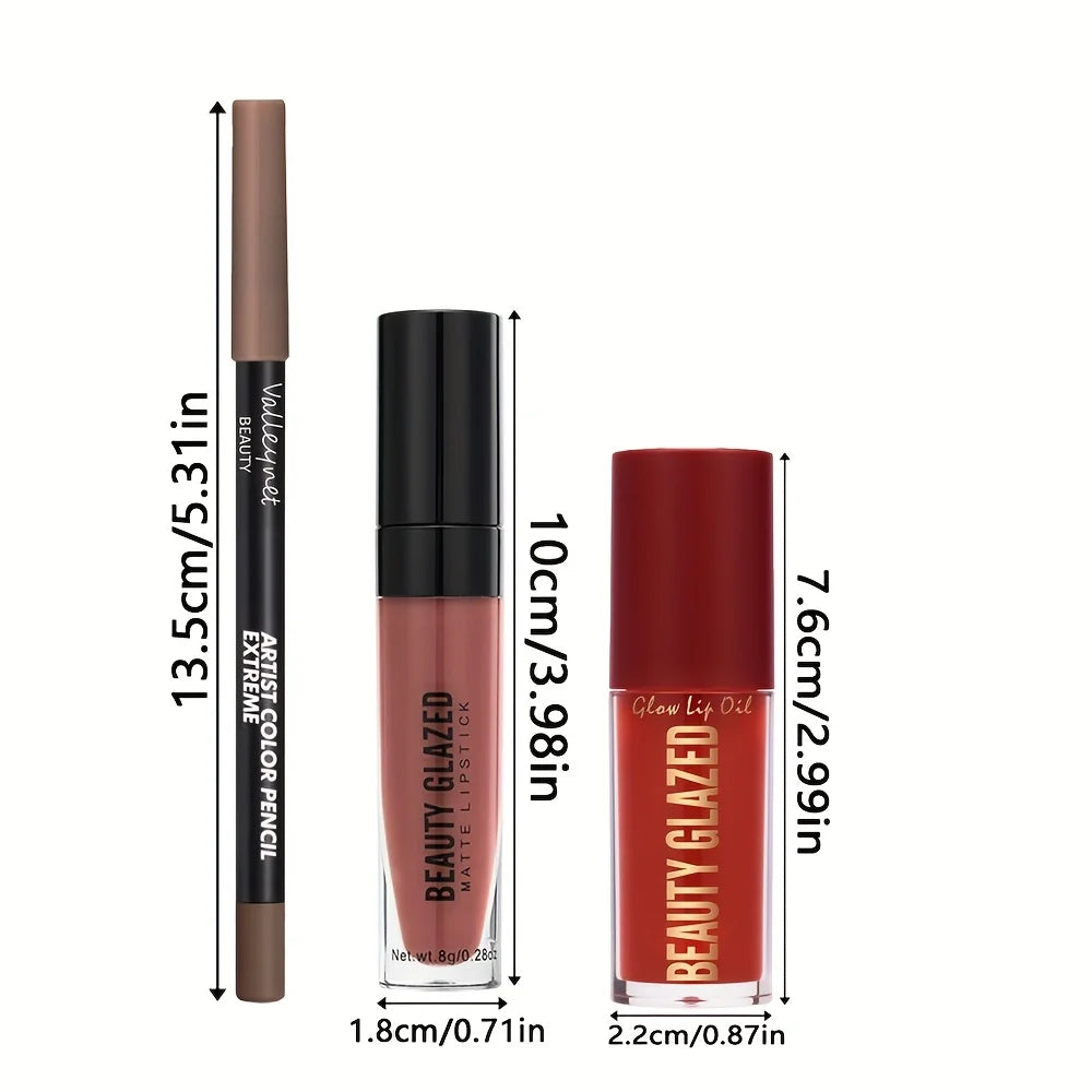 3pcs/Set Makeup Set,Matte Lip Liner+Natural Lip Glaze+Moisturizing Lip Oil,Long Lasting Waterproof & Sweat-Proof