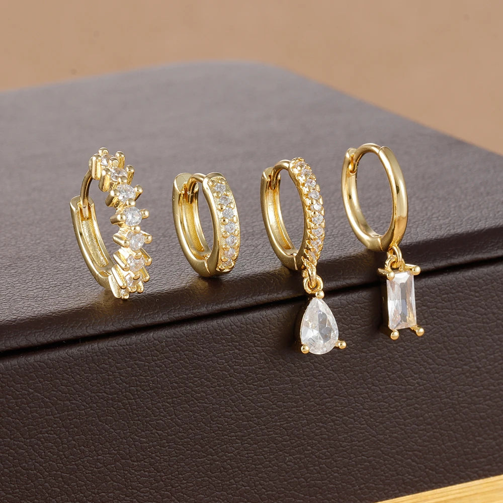 4pcs Stainless Steel Zircon Water Drop Earrings Set