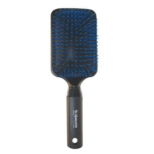 Black paddle hairbrush with blue bristles on a white background