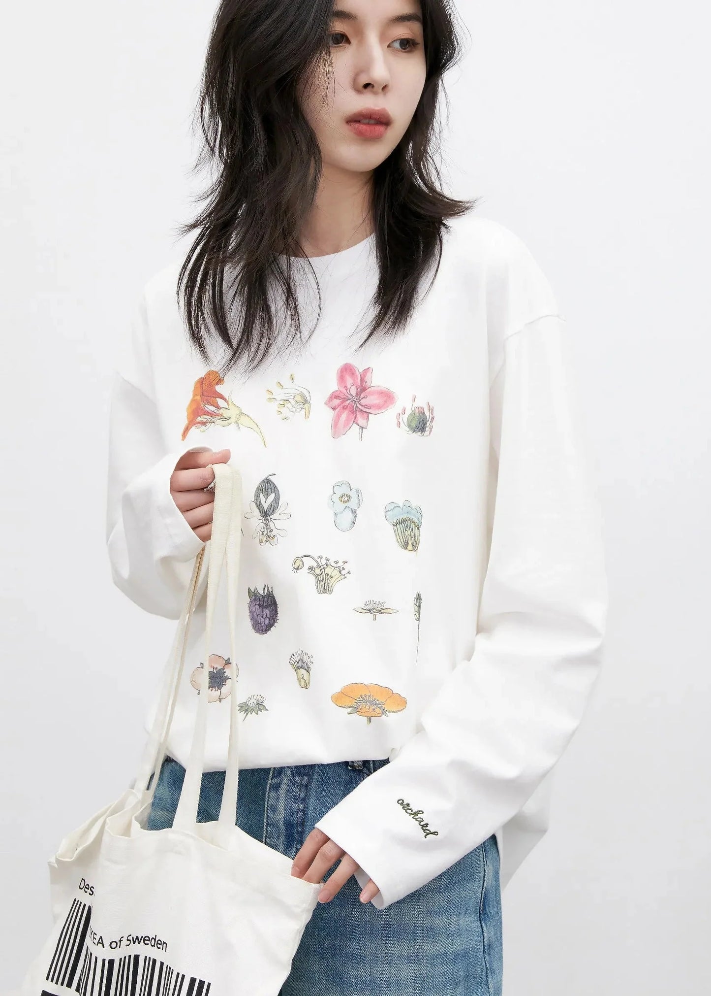 Floral & Fruit Print Long Sleeve T-Shirt Cotton Tee