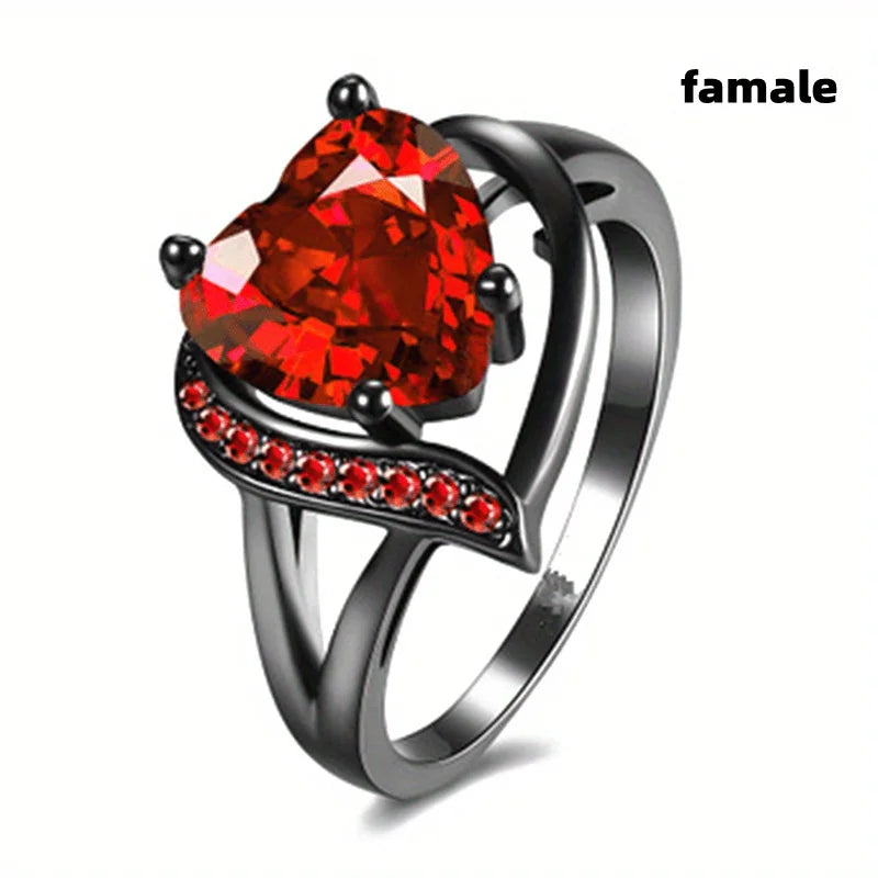 Silvery Couple Rings Stainless Steel Inlaid with Red Artificial Gemstones Rings Couples Newlyweds Halloween Rings
