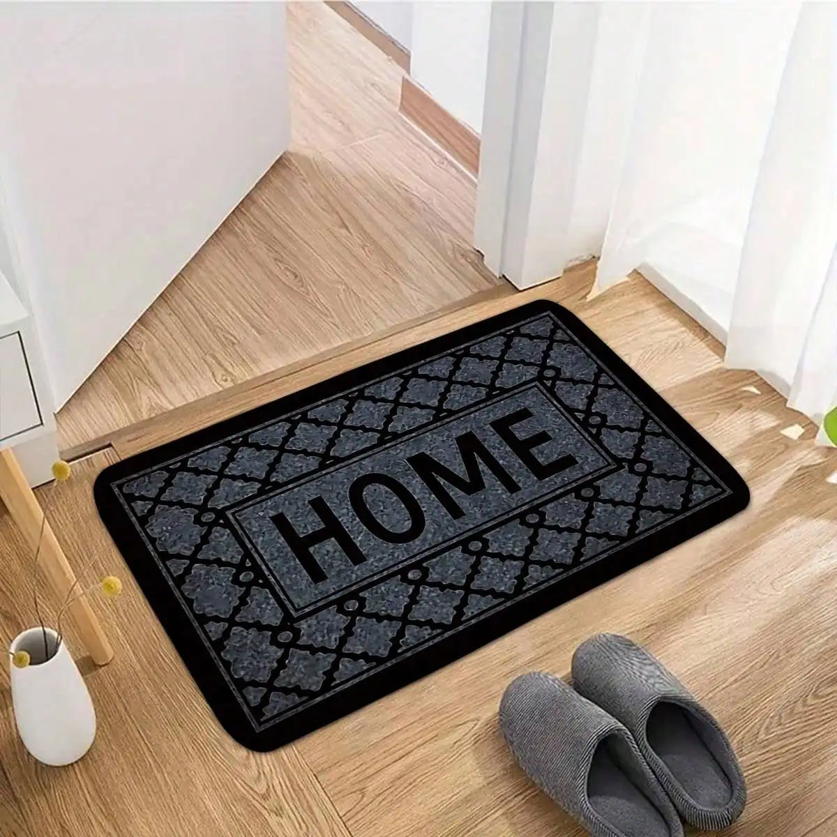 Gray Pattern HOME Doormat, Black Frame Absorbent Anti-Slip Mat, Modern Bohemian Entrance Carpet