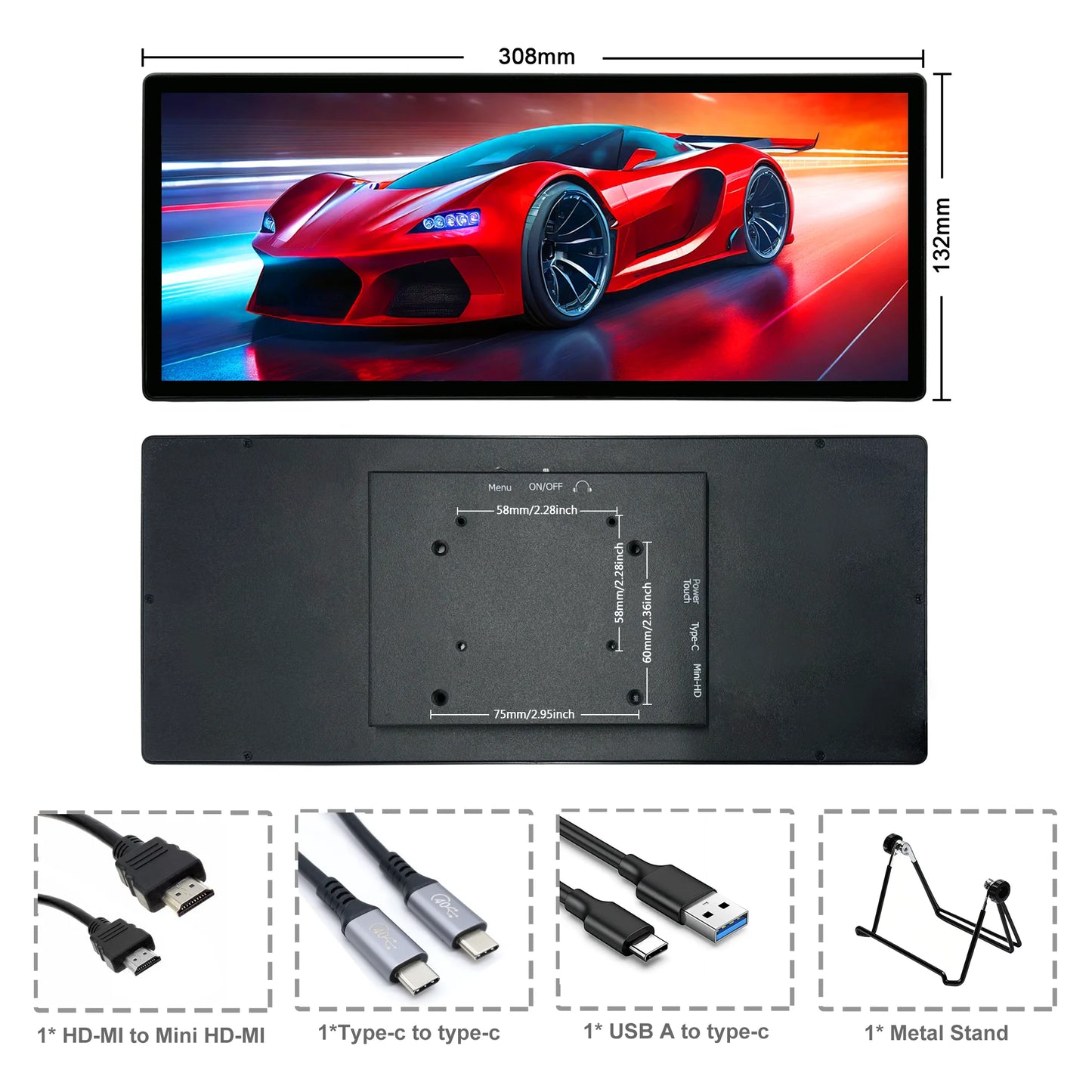 12.3/14.5 Inch Stretched Bar External Auxiliary Touch Portable Monitor for PC Raspberry Pi 5/4 Laptop Phone Vehicle PS Xbox Game