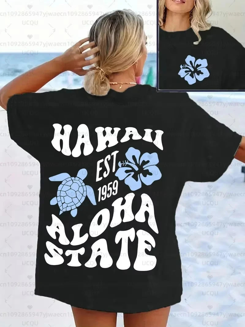 Women's "Let'S Go Hawaii" Graphic T-Shirt Hibiscus Print Casual Short Sleeve Crew Neck Top Beach Outings and Tropical Vibes