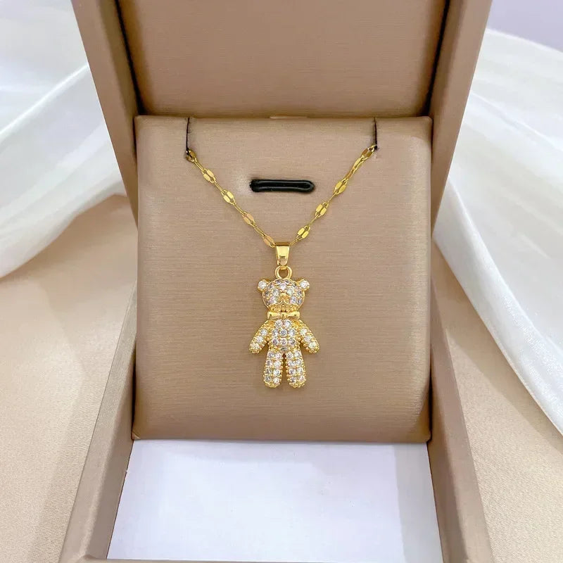 Gold Color Stainless Steel Chain Cute Shiny Zircon Bear Pendant Necklaces for Women Girls Lovely Luxury Jewelry Accessories Gift