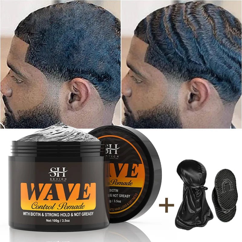 Natural Wave Control Pomade with Biotin for Men - Strong Hold 360 Waves