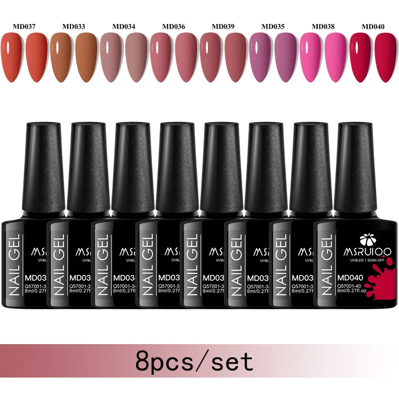 MSRUIOO 8pc Gel Nail Polish Kits Summer Colorful Semi Permanent UV LED Gel Polish Set Glitter Nail Art Varnish Design Manicure