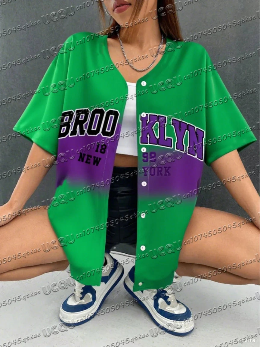 Summer Women's Baseball Jersey Brooklyn Button T-shirt Jersey Men's Short Sleeve Casual Button Streetwear Sport Top
