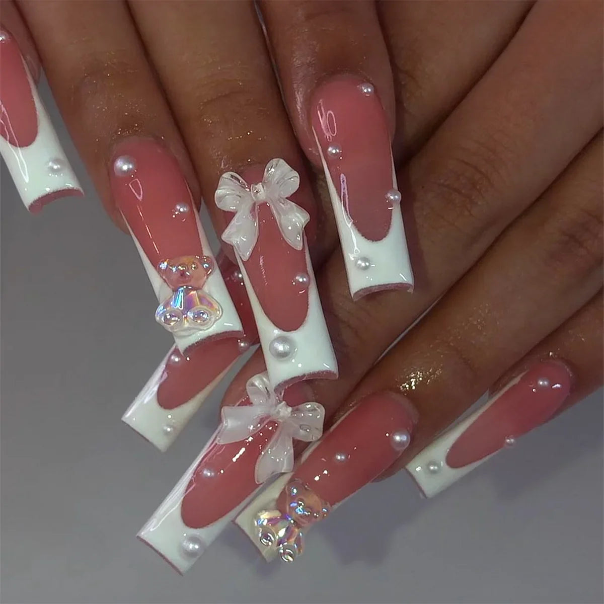 24Pcs Extra Long Square Fake Nail with Glue 3D Little Bear Bow Design False Nails White French Press on Nails Wearable Manicure