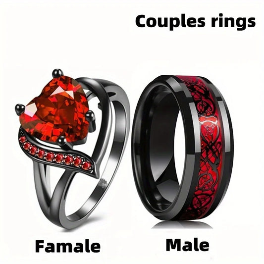Silvery Couple Rings Stainless Steel Inlaid with Red Artificial Gemstones Rings Couples Newlyweds Halloween Rings