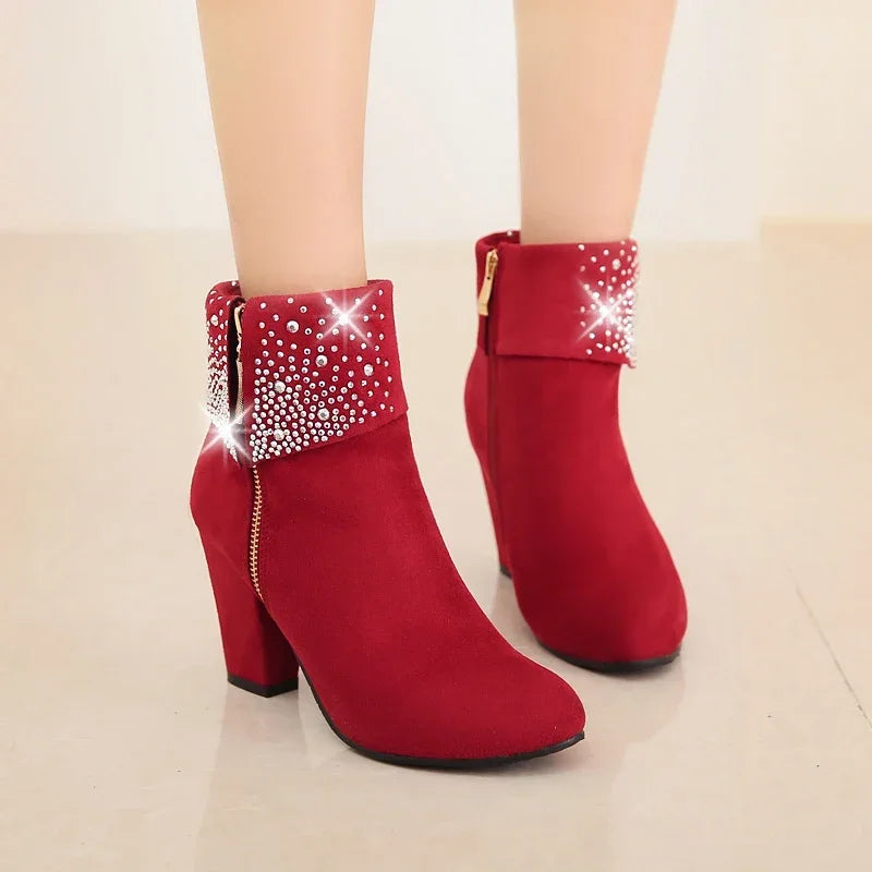 Big Size Crystal Zipper Ankle Boots Women High Chunky Heels Blue Red Quality Flock Casual Office Party Winter Ladies Short Boots
