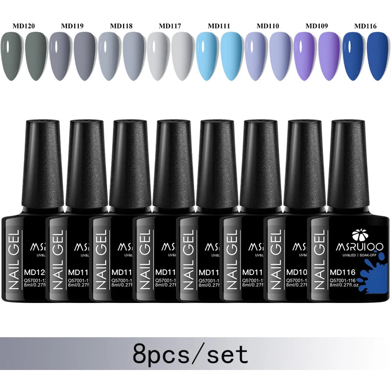 MSRUIOO 8pc Gel Nail Polish Kits Summer Colorful Semi Permanent UV LED Gel Polish Set Glitter Nail Art Varnish Design Manicure