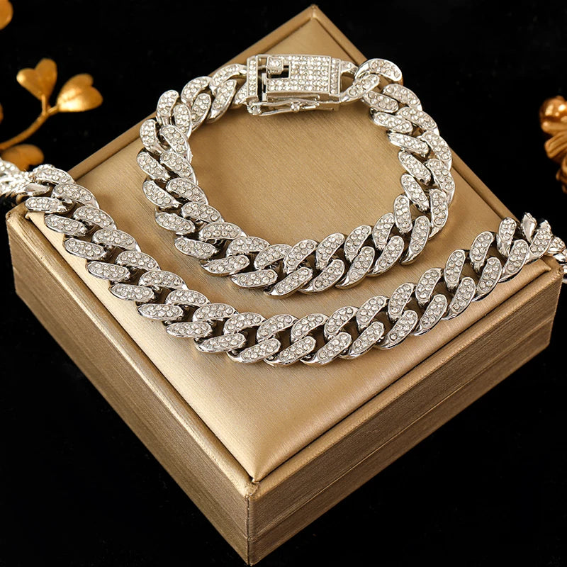 EILIECK Silver Color Thick Cuban Necklace Bracelet Set For Women New Punk Zircon Chain Waterproof Jewelry Party Gift Bijoux