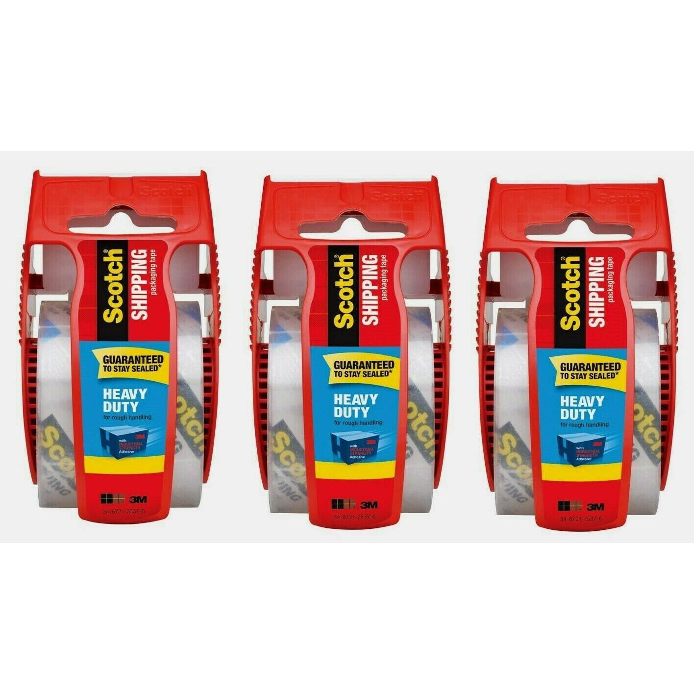 Three rolls of Scotch Heavy Duty Shipping Tape in red packaging on a white background