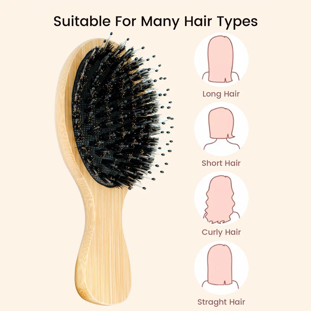 Bamboo Hair Brush Wooden Handle with Boar Bristles for Gentle Hair Combing Detangling and Scalp Massage