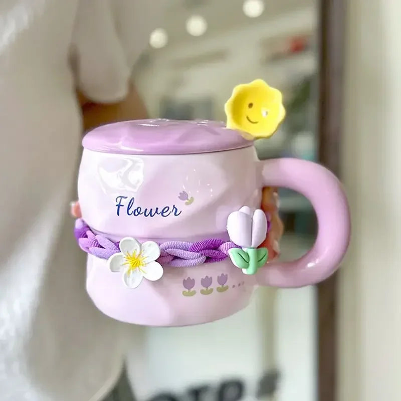 390ML Hand-Painted Flower Tea Cup Ceramic Mug Lid with Spoon Office Drinkware Cups Tea Coffee Milk Juice Bottle Creative Gift