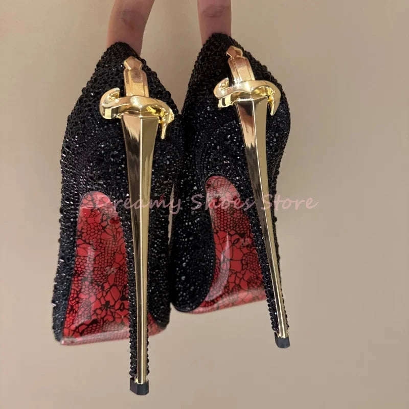 Red Shiny Rhinestone Sword Shaped Stiletto Pumps