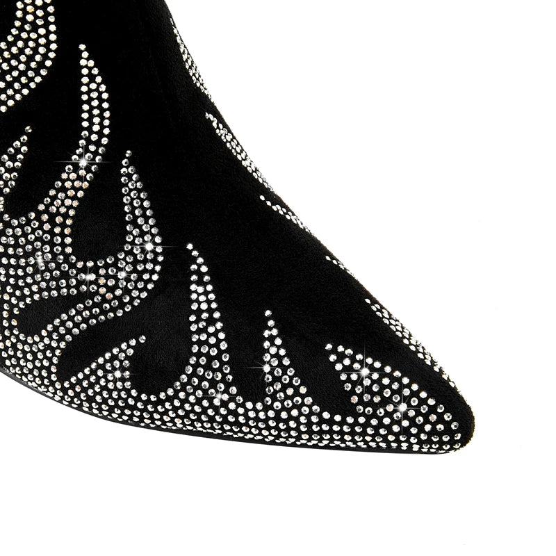 Kaky's New Pointed Rhinestone Wolf Teeth High Heel Women's Boots Large Long Boots High Barrel Boots Fashion Boots