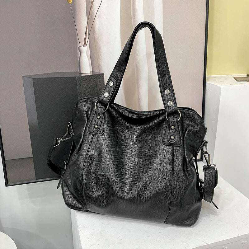 Women's Retro Roomy Shoulder Bag Quality Pu Leather Ladies Large Commuter Tote Handbag Female Luxury Black Classic Crossbody Bag