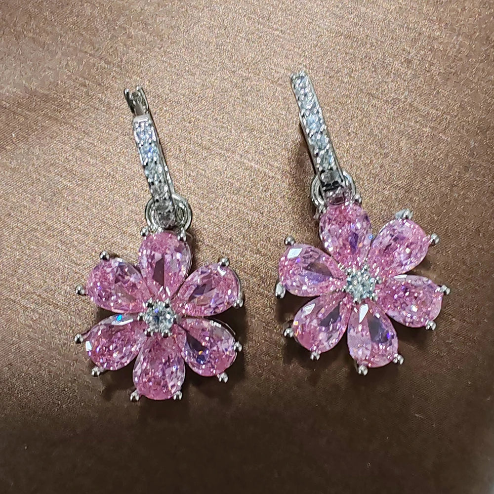 Pink Flower Sparkling Zircon Silver Drop Earrings for Women Vintage Jewelry Wedding Engagement Hoop Earrings Gifts
