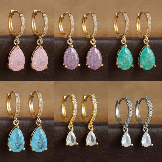 2PCS Simple Stainless Steel Colourful Cubic Zirconia Hoop Earrings For Women Water Drop Pendant Earring Wedding Piercing Jewelry