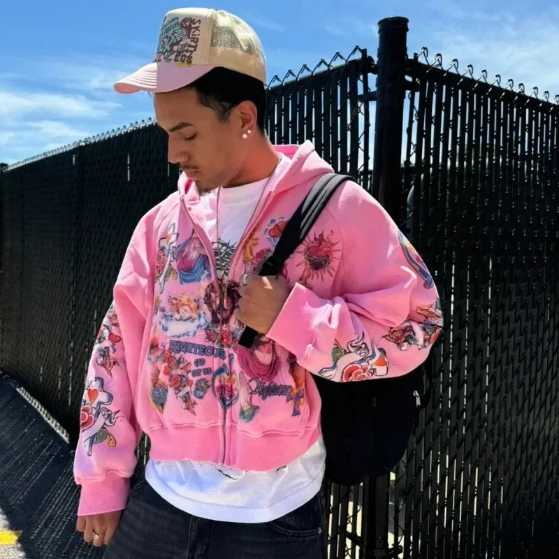 Street clothing retro pattern printed loose fitting men hoodie Gothic rock Harajuku men and women sportswear zippered hoodie
