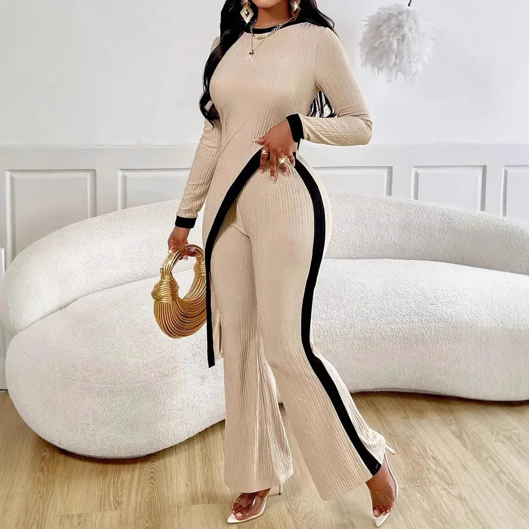 Striped Splicing Irregular Suit Round Neck Fashion Office Commuting Elegant Wide-leg Trousers Conjunto Dos Piezas Mujer Invierno