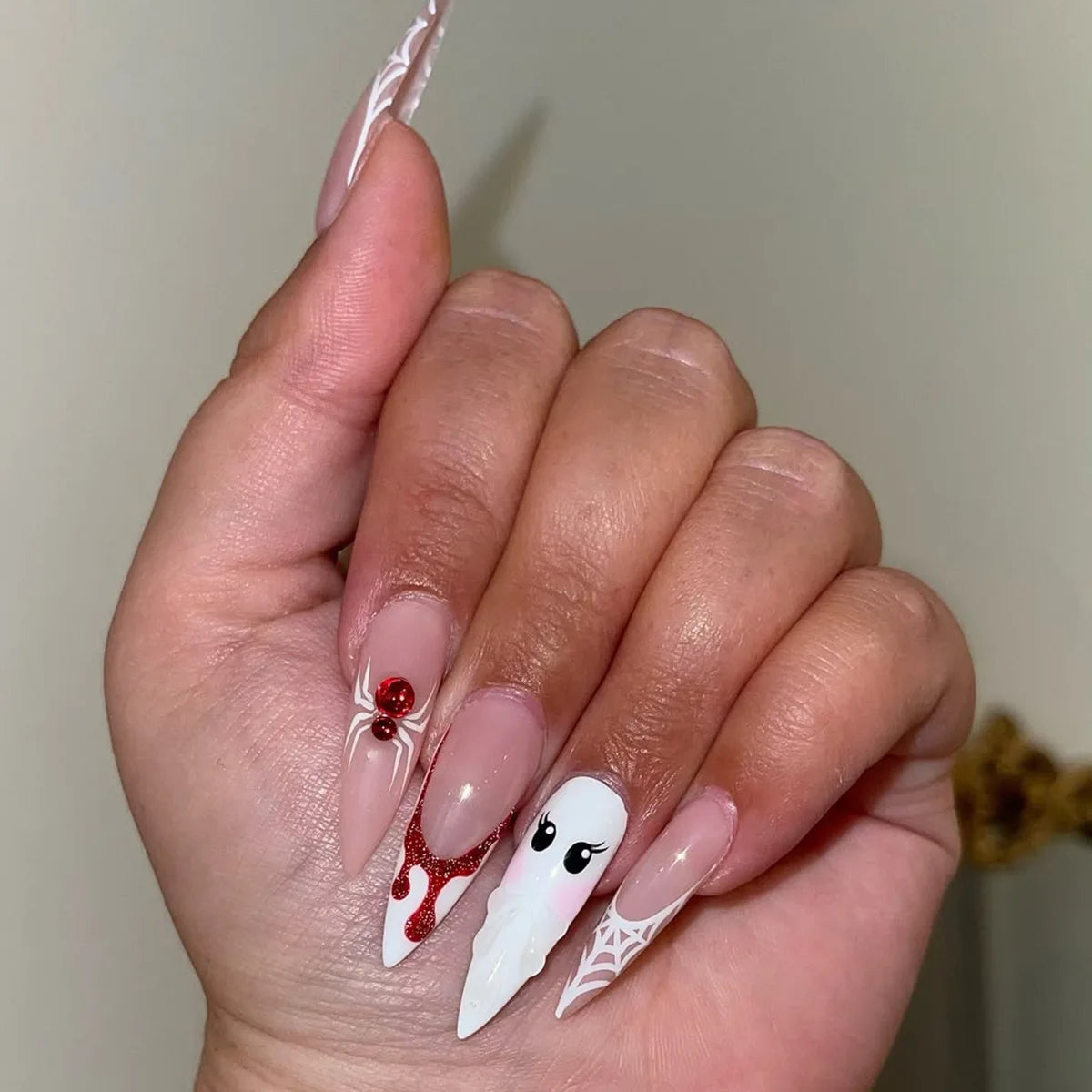 Black Halloween Nails Press on Stiletto Fake Nails Spider Web Designs Long Coffin Ballerina Wearable False Nail for Women 24Pcs
