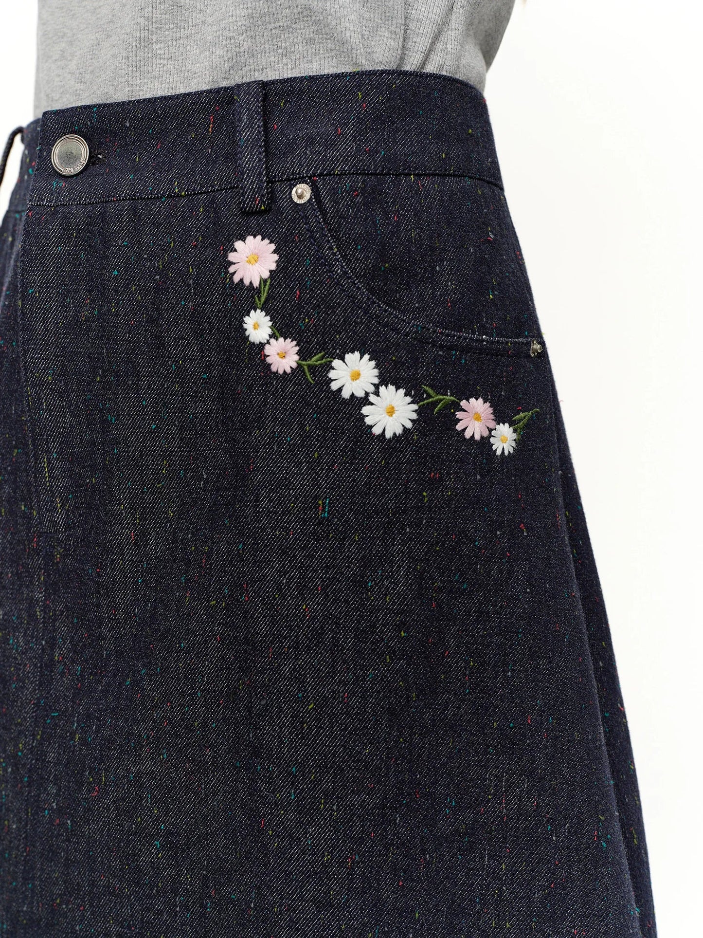 Women's Denim Skirt Floral Embroidered High-Waist