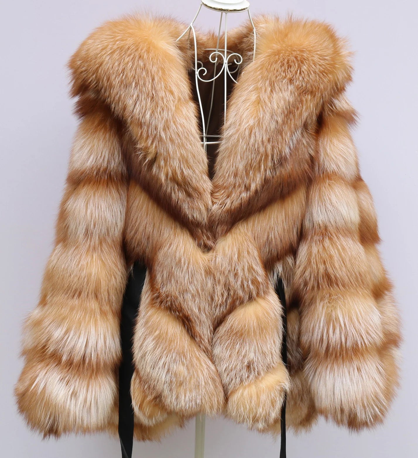 Natural Golden Fox Fur Coat with Batwing Sleeve & Double-Sided