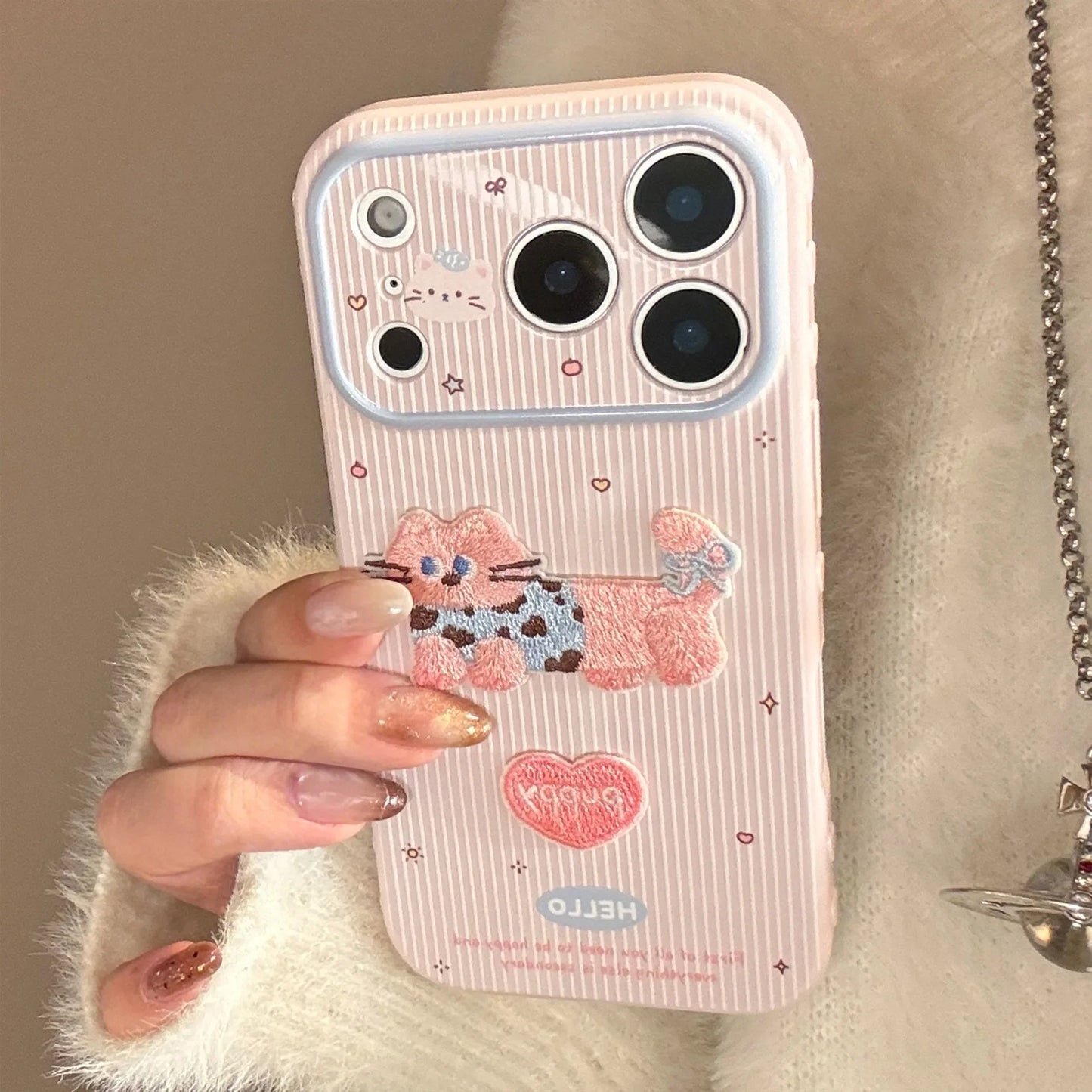 Korean Cartoon Embroidery Kitten Striped Couple Phone Case For iPhone