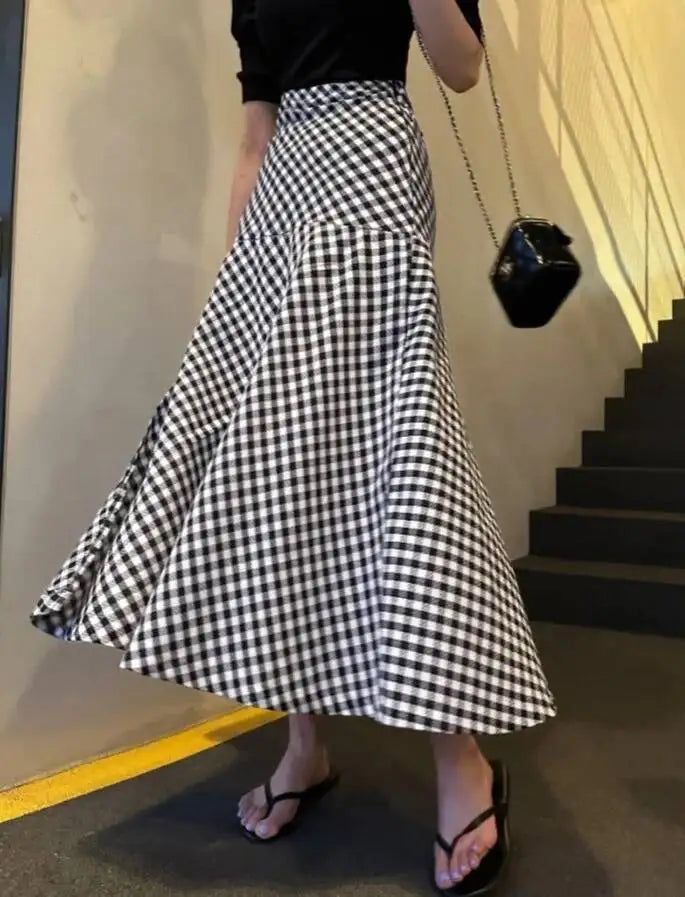 WOMENGAGA Korea Style 2023 Spring/Summer New High Waist Elegant Split Plaid Skirts Half Length Skirts Fashion Women 2023 22IV
