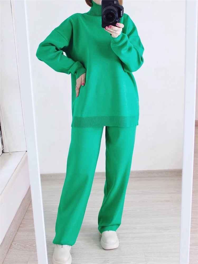 Winter 2 Pieces Women Sets Knitted Tracksuit Turtleneck Sweater and Straight Jogging Pants Suits